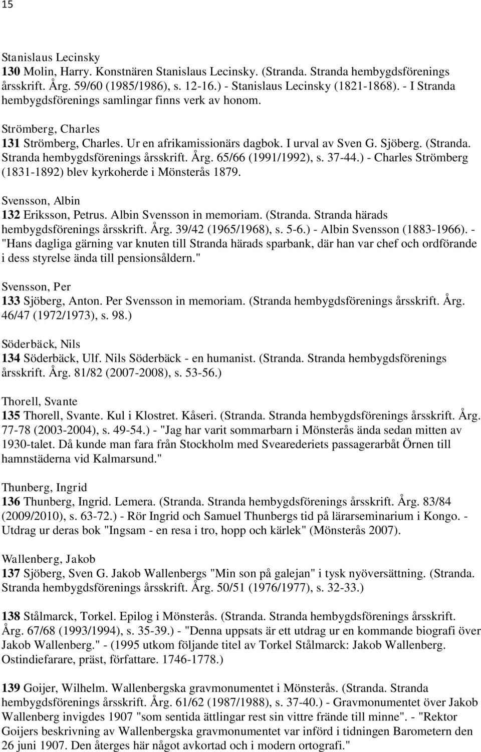 Stranda hembygdsförenings årsskrift. Årg. 65/66 (1991/1992), s. 37-44.) - Charles Strömberg (1831-1892) blev kyrkoherde i Mönsterås 1879. Svensson, Albin 132 Eriksson, Petrus.