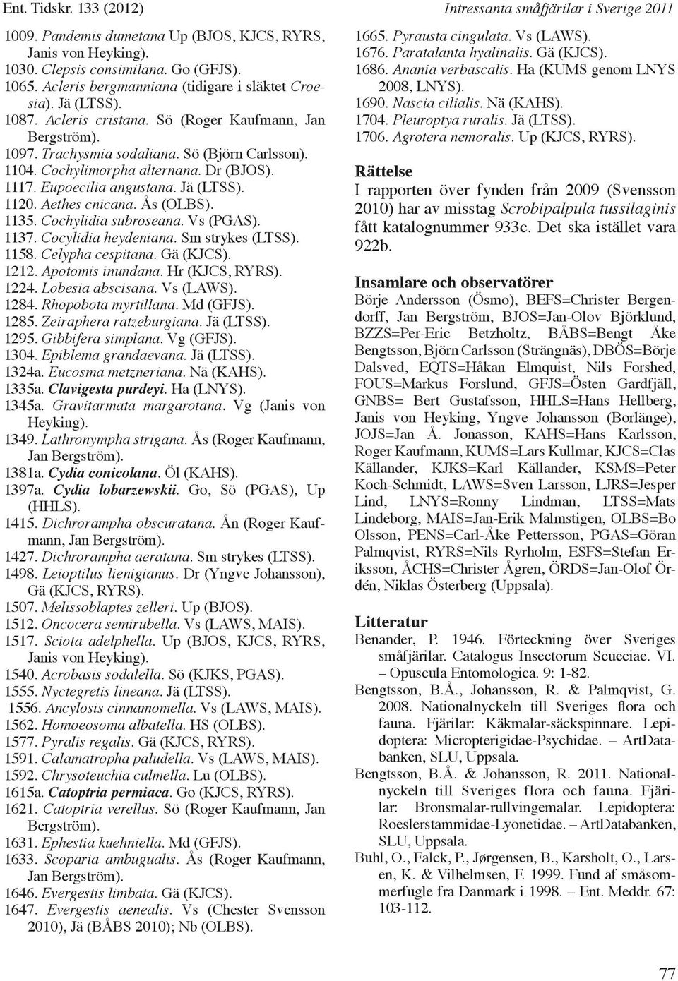 1120. Aethes cnicana. Ås (OLBS). 1135. Cochylidia subroseana. Vs (PGAS). 1137. Cocylidia heydeniana. Sm strykes (LTSS). 1158. Celypha cespitana. Gä (KJCS). 1212. Apotomis inundana. Hr (KJCS, RYRS).