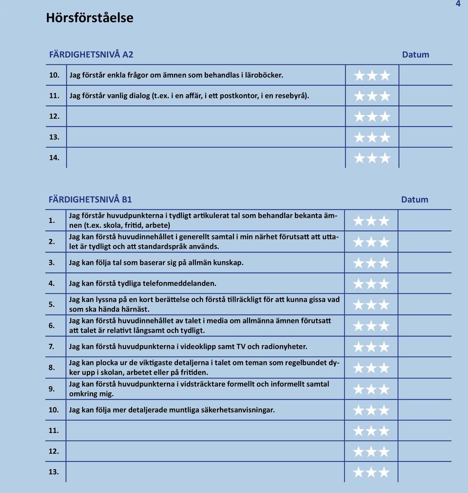 skola, fritid, arbete) Jag kan förstå huvudinnehållet i generellt samtal i min närhet förutsatt att uttalet är tydligt och att standardspråk används.