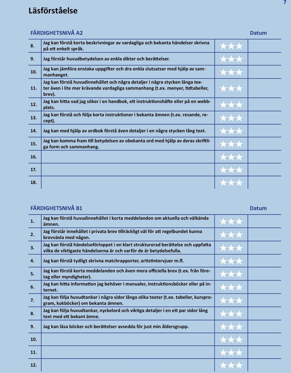 Jag kan förstå huvudinnehållet och några detaljer i några stycken långa texter även i lite mer krävande vardagliga sammanhang (t.ex. menyer, tidtabeller, brev).