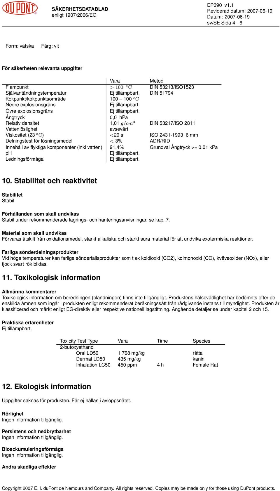 lösningsmedel < 3% ADR/RID Innehåll av flyktiga komponenter (inkl vatten) 91,4% Grundval Ångtryck >= 0.01 kpa ph Ledningsförmåga 10.