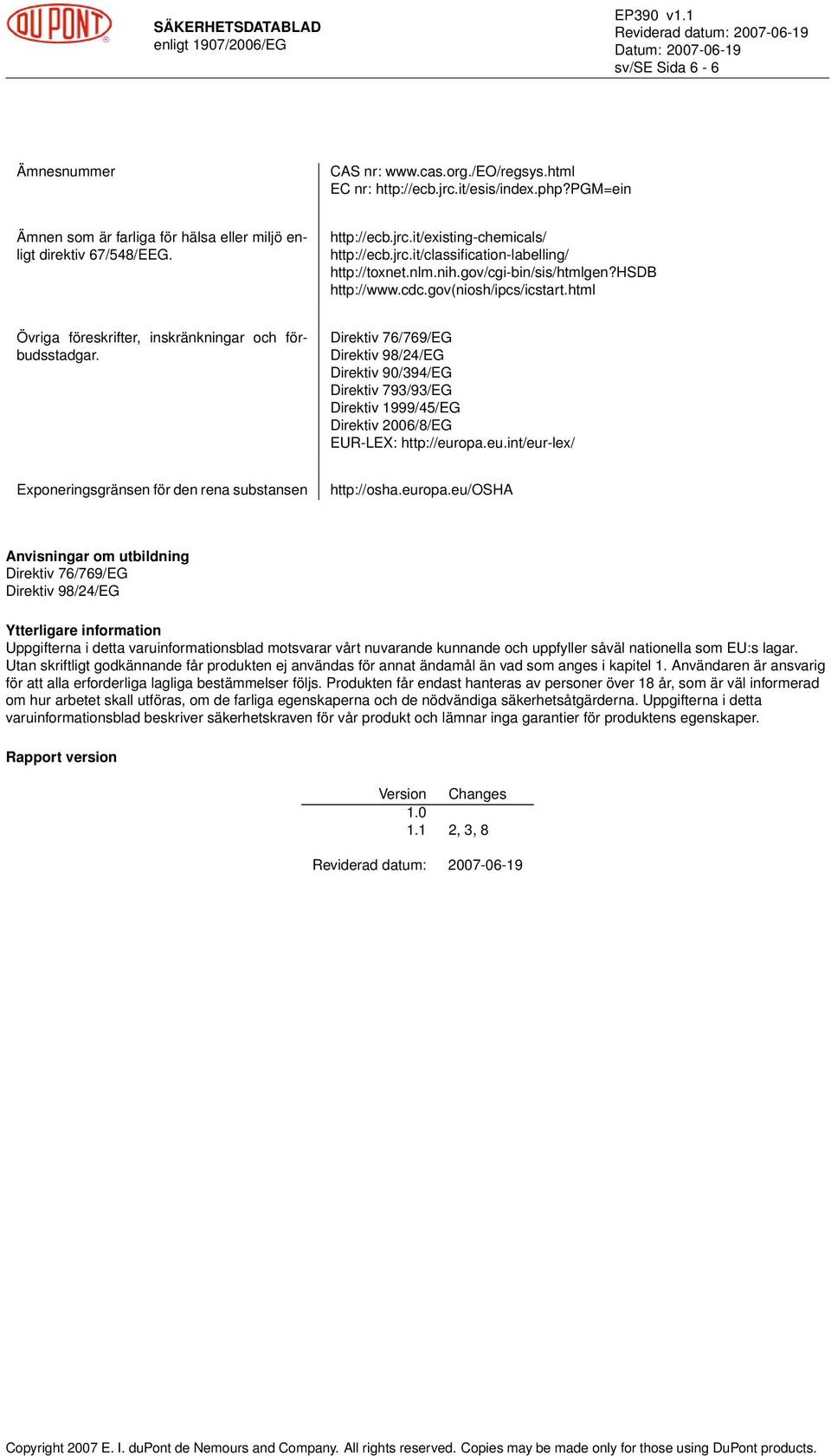 Direktiv 76/769/EG Direktiv 98/24/EG Direktiv 90/394/EG Direktiv 793/93/EG Direktiv 1999/45/EG Direktiv 2006/8/EG EUR-LEX: http://eur