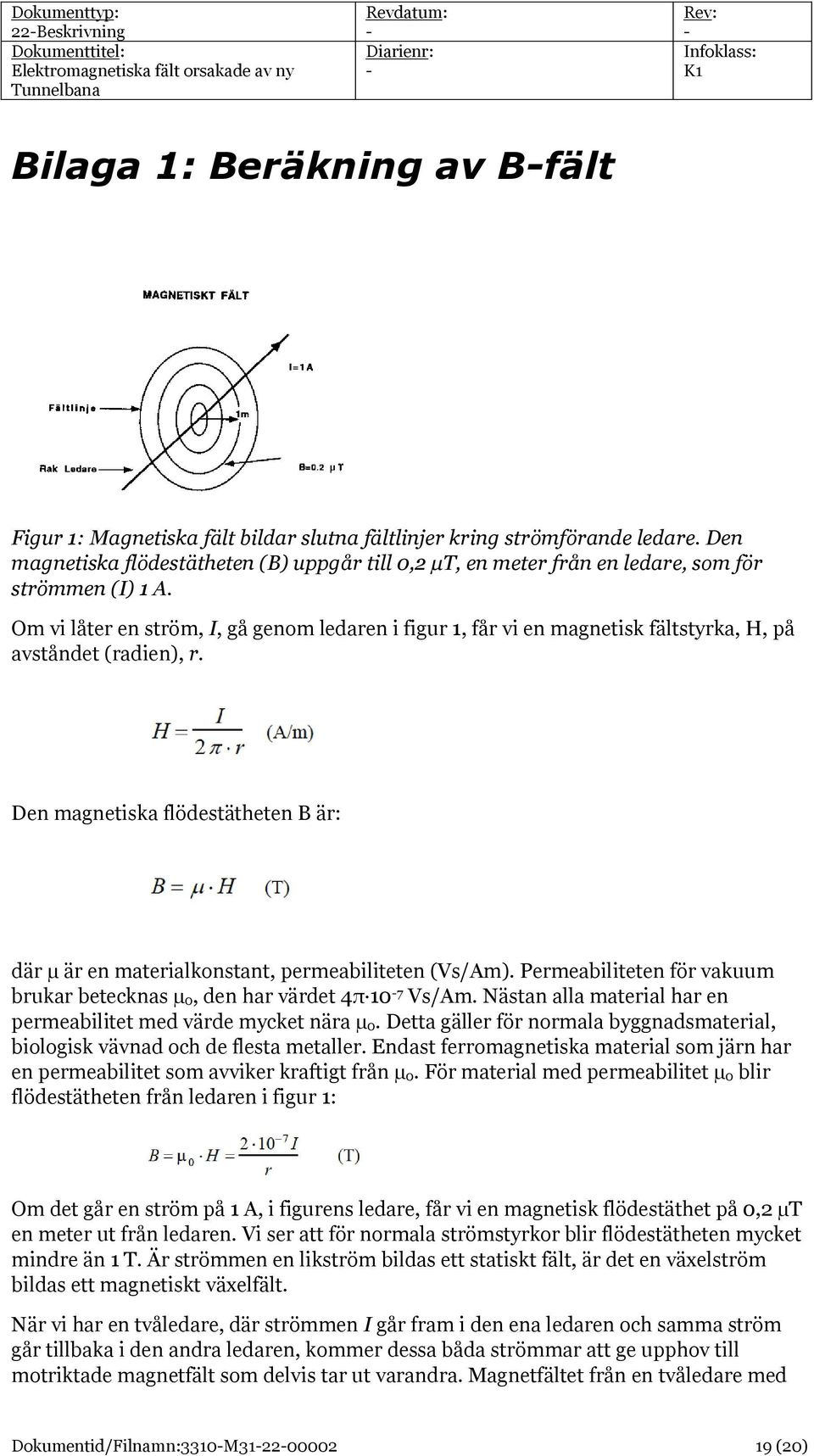 Om vi låter en ström, I, gå genom ledaren i figur 1, får vi en magnetisk fältstyrka, H, på avståndet (radien), r.