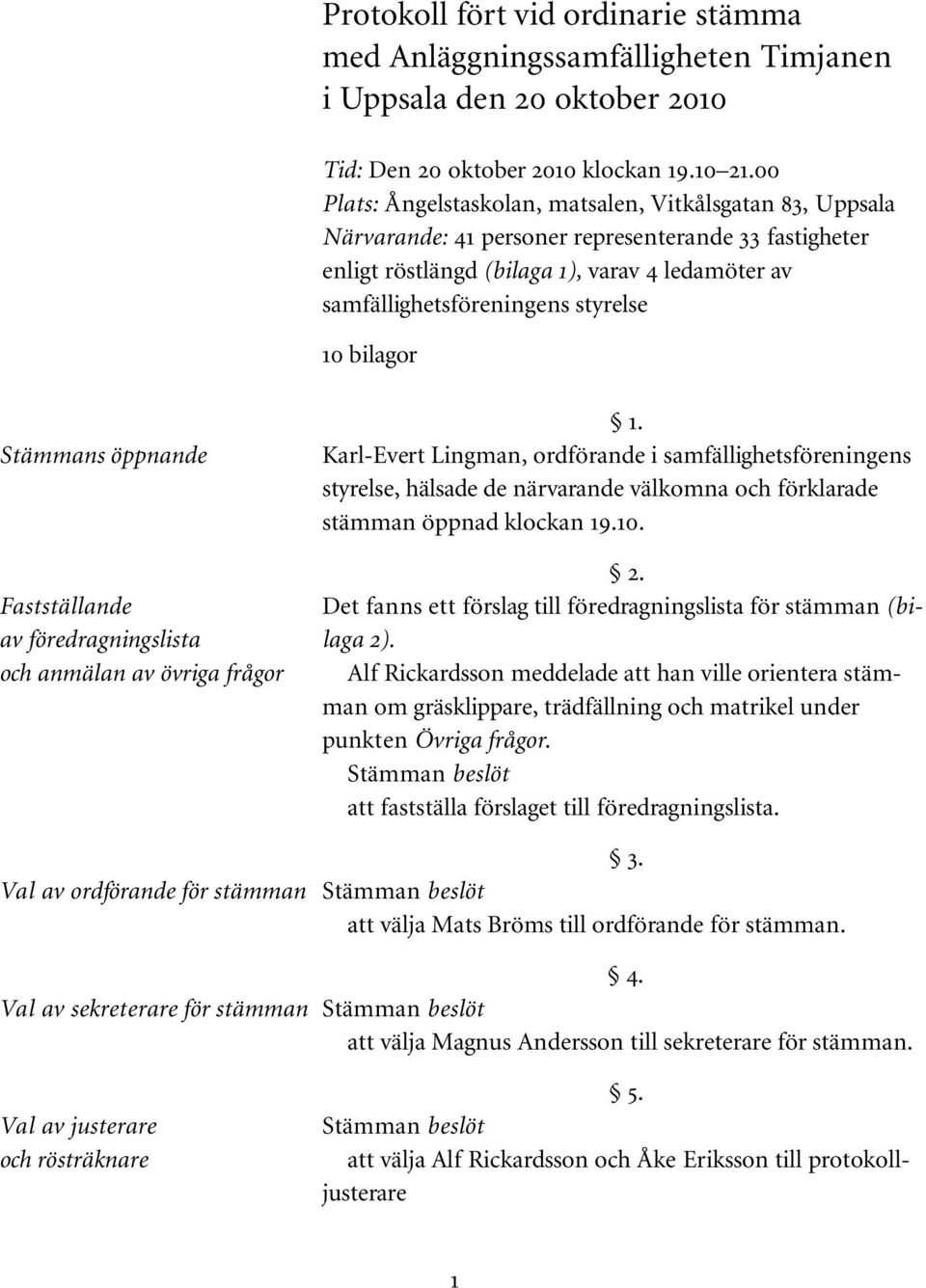 10 bilagor Stämmans öppnande Fastställande av föredragningslista och anmälan av övriga frågor Val av ordförande för stämman Val av sekreterare för stämman Val av justerare och rösträknare 1.