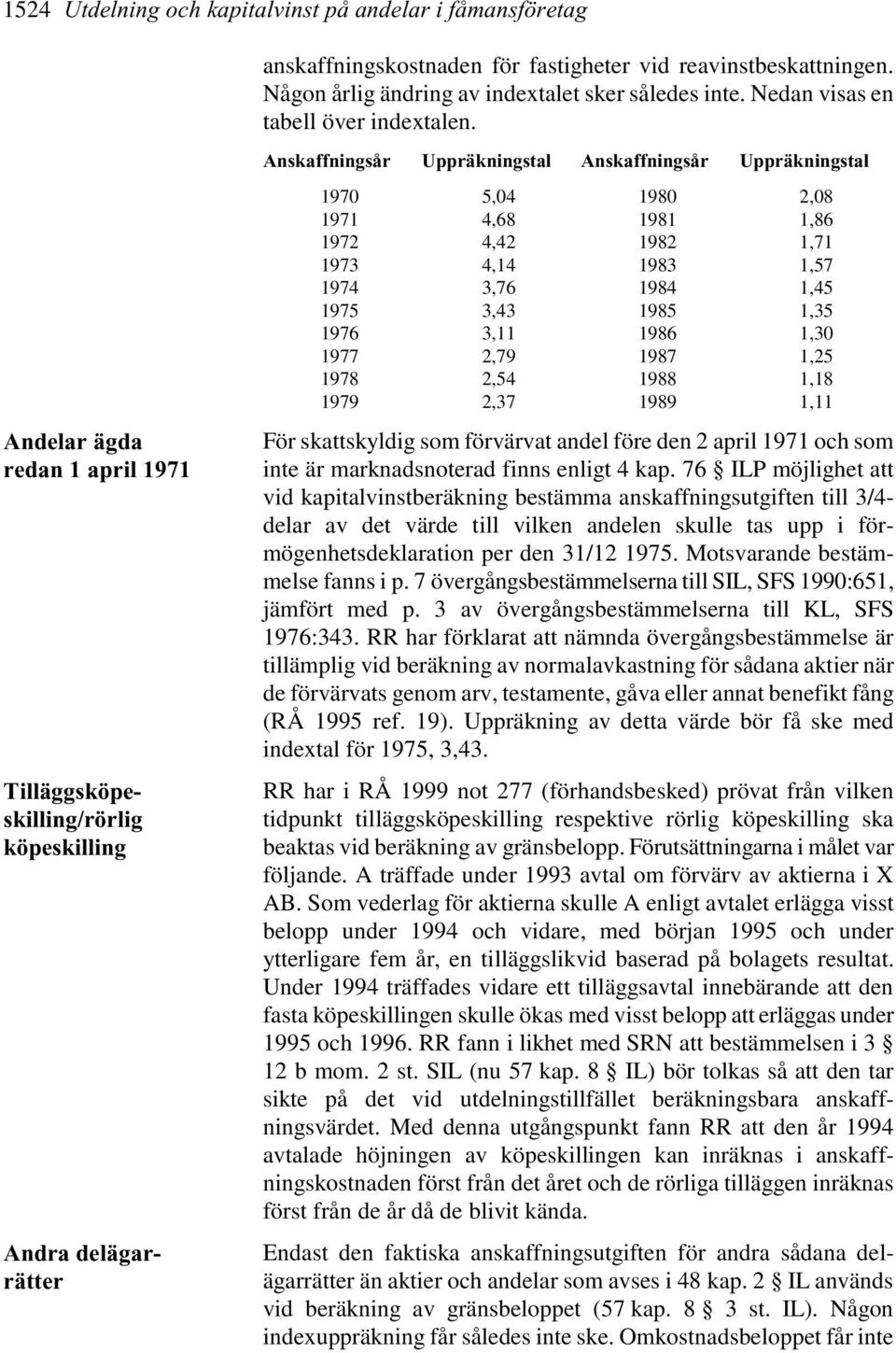 Anskaffningsår Uppräkningstal Anskaffningsår Uppräkningstal Andelar ägda redan 1 april 1971 Tilläggsköpeskilling/rörlig köpeskilling Andra delägarrätter 1970 1971 1972 1973 1974 1975 1976 1977 1978