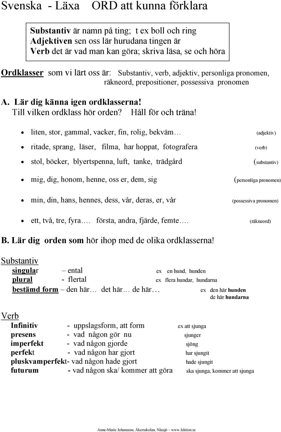 liten, stor, gammal, vacker, fin, rolig, bekväm (adjektiv) ritade, sprang, läser, filma, har hoppat, fotografera (verb) stol, böcker, blyertspenna, luft, tanke, trädgård (substantiv) mig, dig, honom,