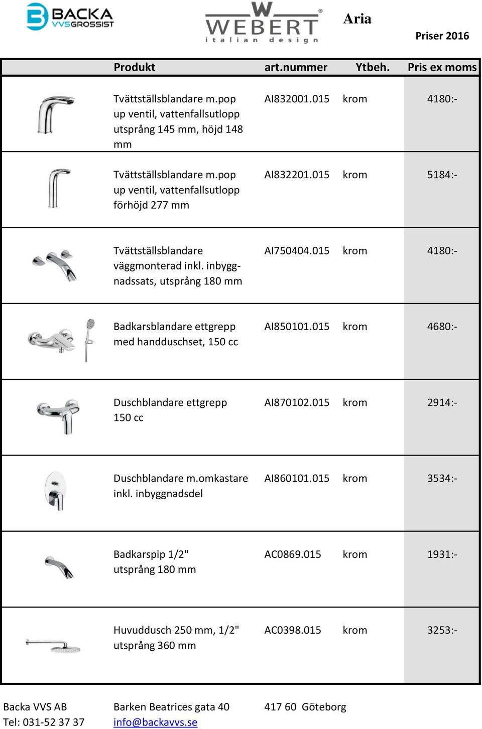 inbyggnadssats, utsprång 180 mm Badkarsblandare ettgrepp AI850101.015 krom 4680:- med handduschset, 150 cc Duschblandare ettgrepp AI870102.