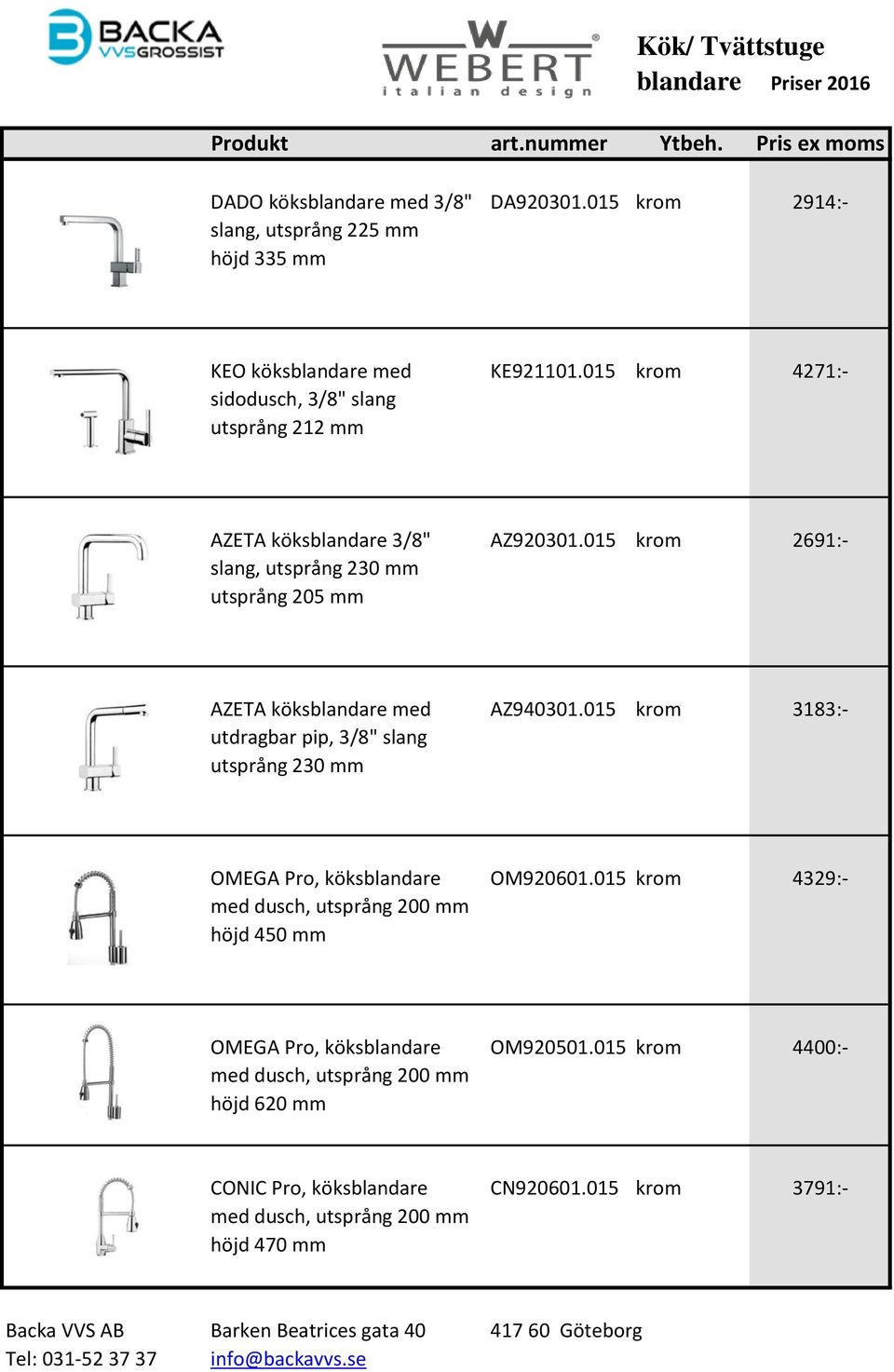 015 krom 2691:- slang, utsprång 230 mm utsprång 205 mm AZETA köksblandare med AZ940301.