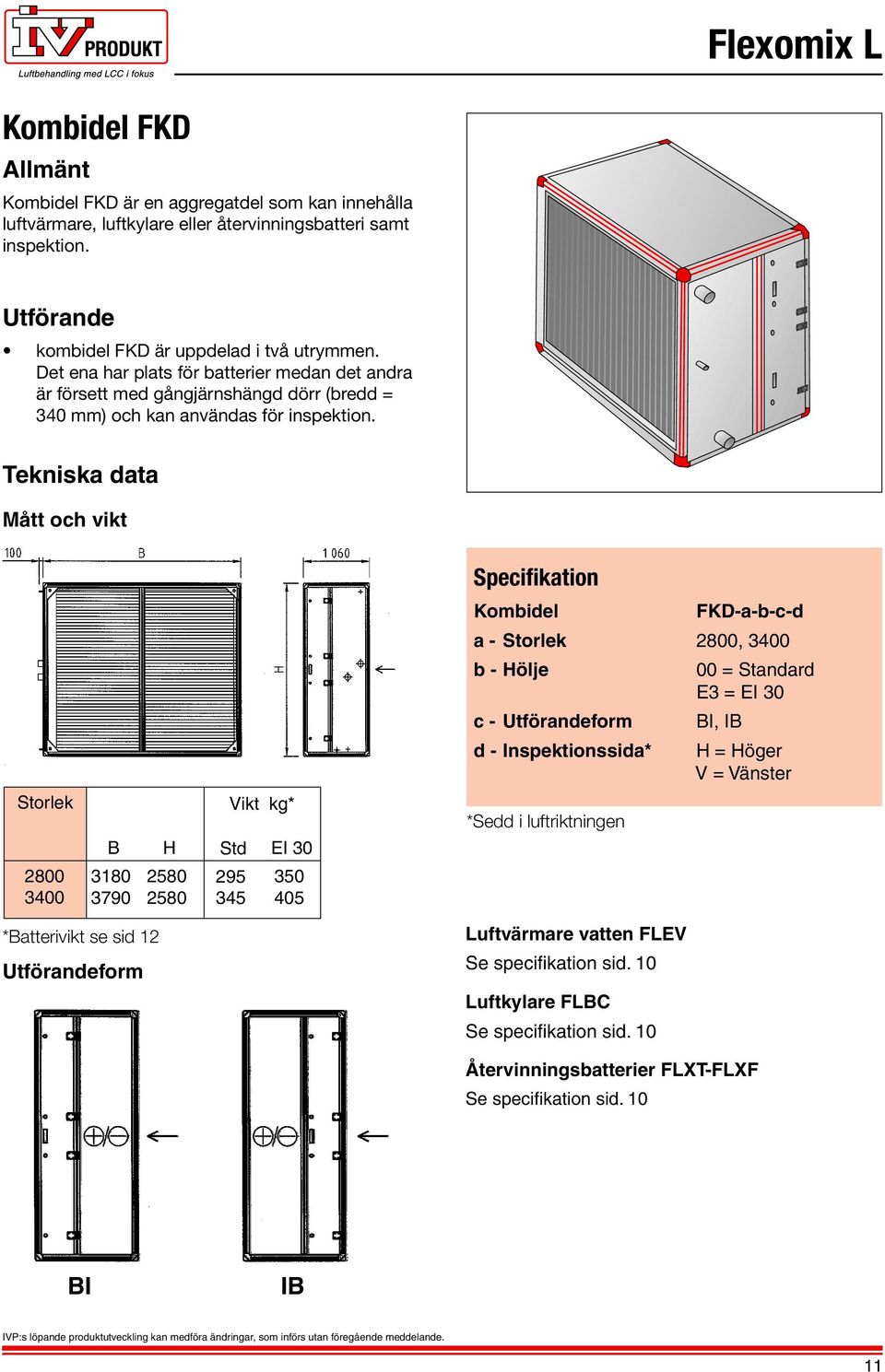 Tekniska data Mått och vikt Kombidel FKD-a-b-c-d a - 800, 400 b - Hölje 00 = Standard E = EI 0 c - Utförandeform BI, IB d - Inspektionssida* H = Höger V = Vänster 800 400 B 80 790 H