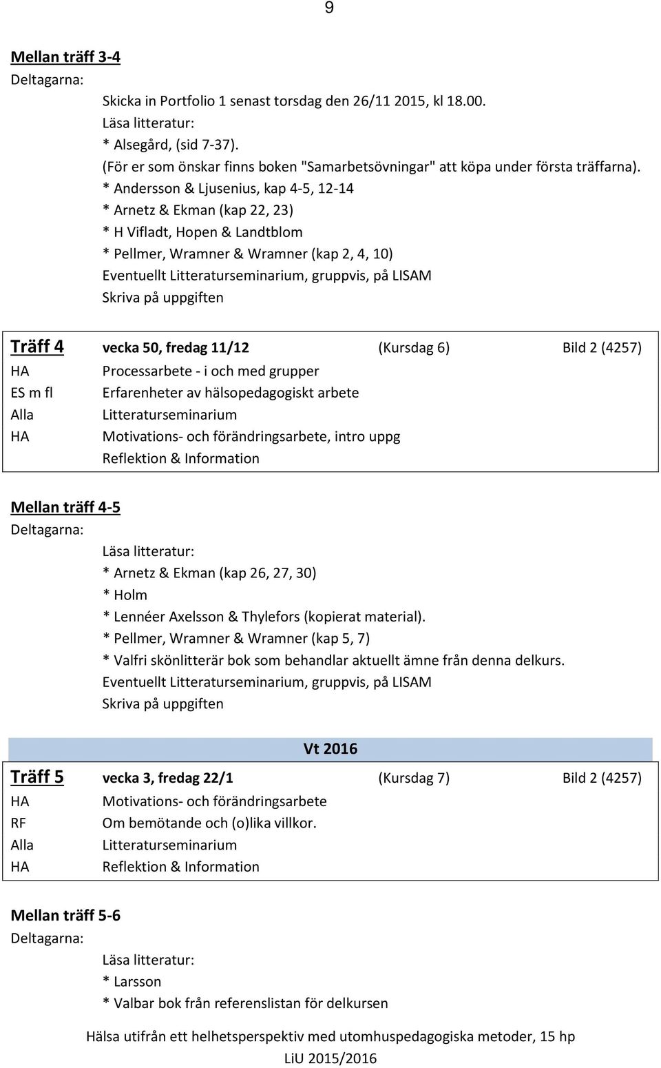 * Andersson & Ljusenius, kap 4-5, 12-14 * Arnetz & Ekman (kap 22, 23) * H Vifladt, Hopen & Landtblom * Pellmer, Wramner & Wramner (kap 2, 4, 10) Eventuellt Litteraturseminarium, gruppvis, på LISAM