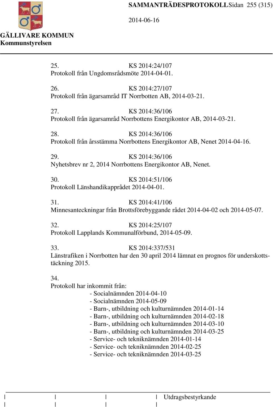 KS 2014:36/106 Nyhetsbrev nr 2, 2014 Norrbottens Energikontor AB, Nenet. 30. KS 2014:51/106 Protokoll Länshandikapprådet 2014-04-01. 31.