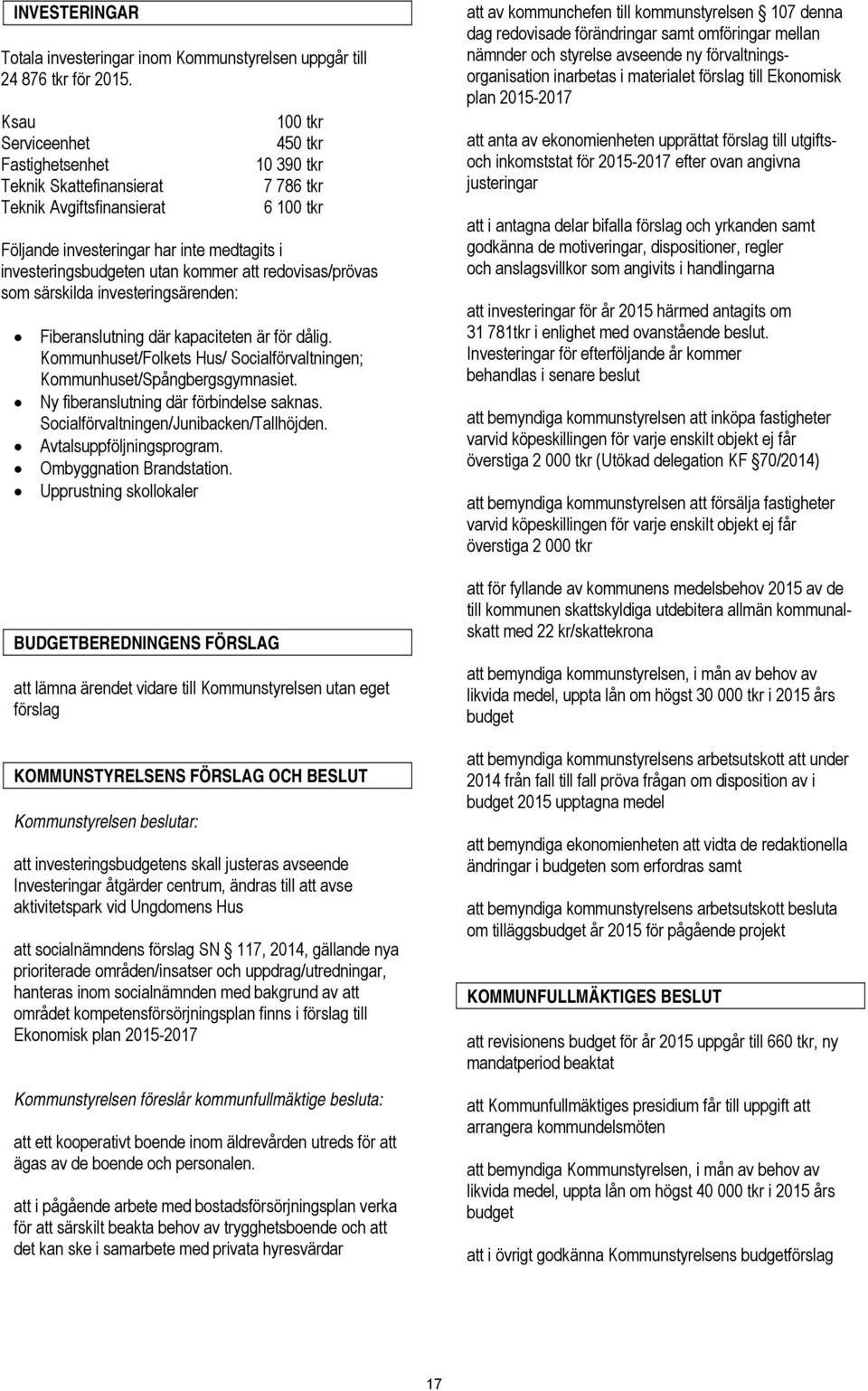 utan kommer att redovisas/prövas som särskilda investeringsärenden: Fiberanslutning där kapaciteten är för dålig. Kommunhuset/Folkets Hus/ Socialförvaltningen; Kommunhuset/Spångbergsgymnasiet.