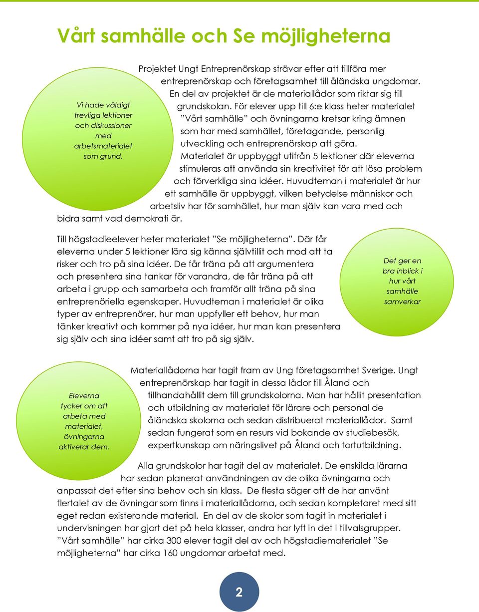 För elever upp till 6:e klass heter materialet Vårt samhälle och övningarna kretsar kring ämnen som har med samhället, företagande, personlig utveckling och entreprenörskap att göra.