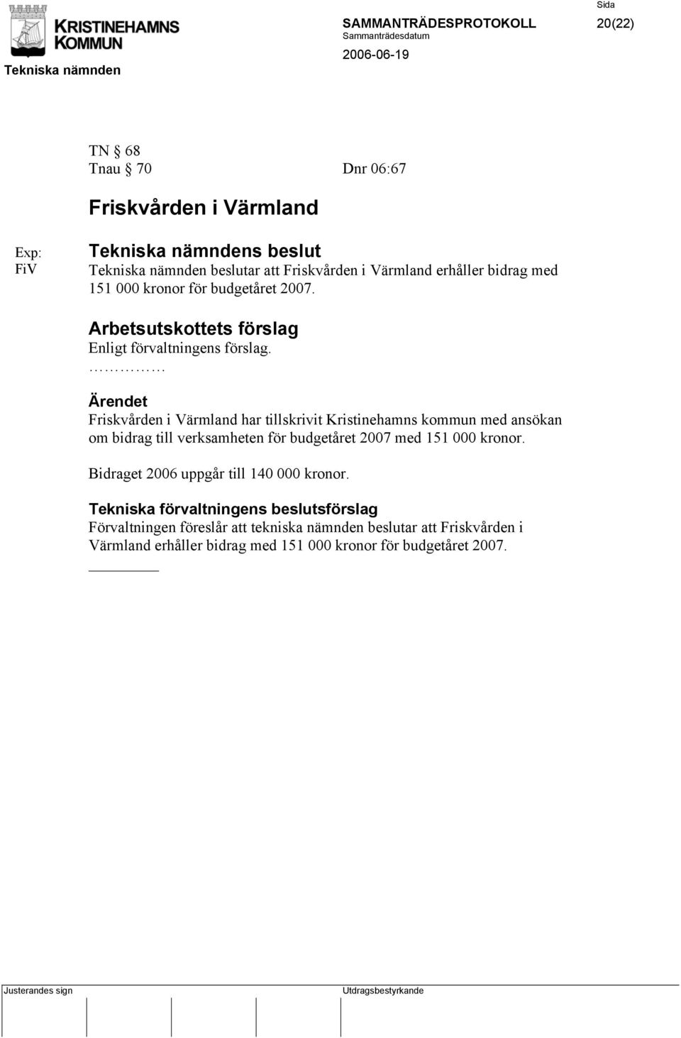 Ärendet Friskvården i Värmland har tillskrivit Kristinehamns kommun med ansökan om bidrag till verksamheten för budgetåret 2007 med 151 000 kronor.