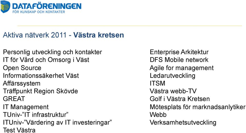 infrastruktur ITUniv- Värdering av IT investeringar Test Västra Enterprise Arkitektur DFS Mobile network Agile