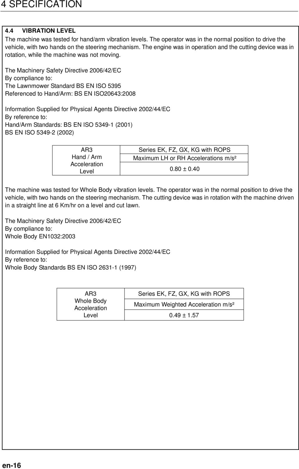 The Machinery Safety Directive 2006/42/EC By compliance to: The Lawnmower Standard BS EN ISO 5395 Referenced to Hand/Arm: BS EN ISO20643:2008 Information Supplied for Physical Agents Directive