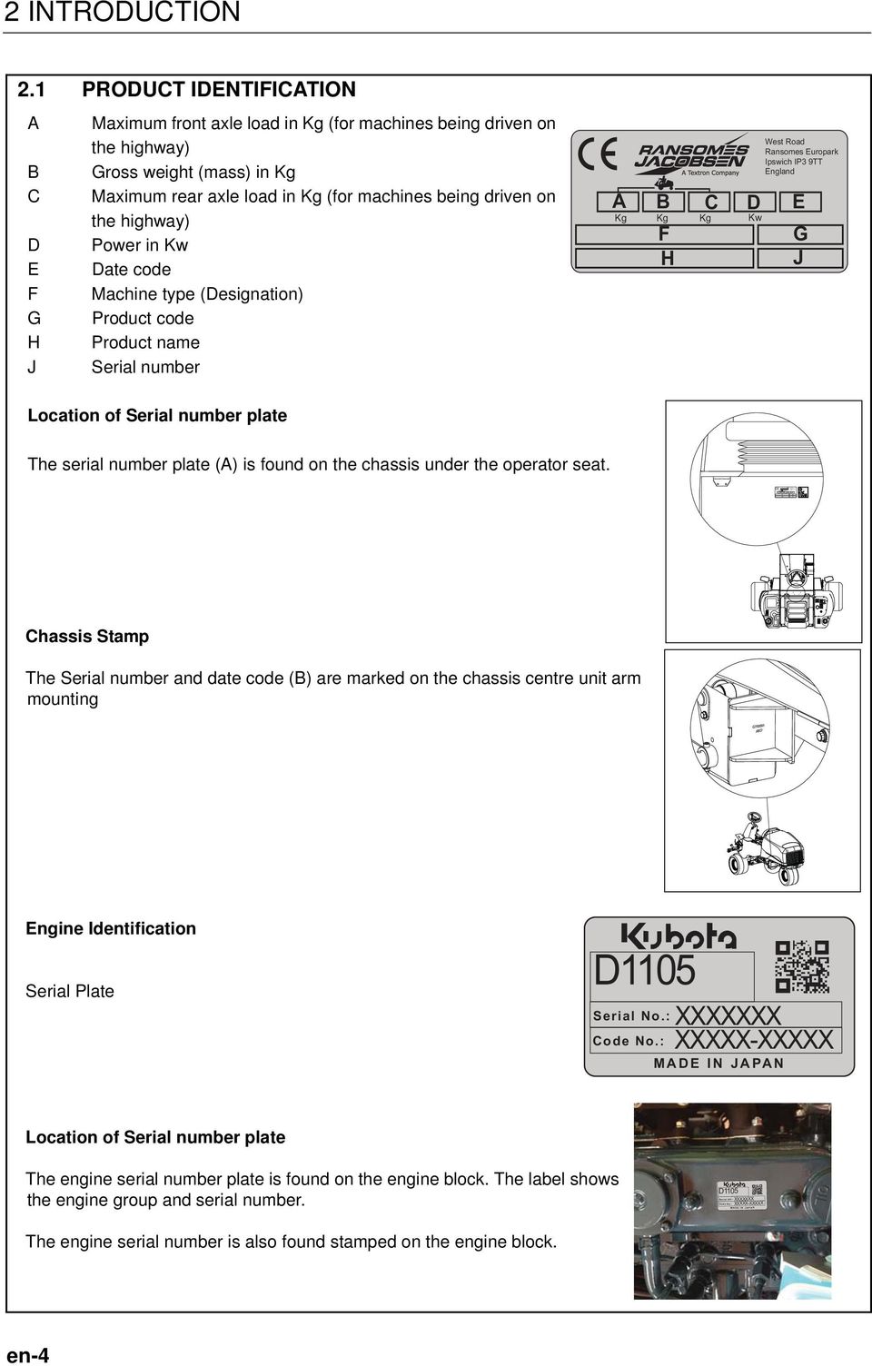 on the highway) Power in Kw Date code Machine type (Designation) Product code Product name Serial number West Road Ransomes Europark Ipswich IP3 9TT England A B C D E Kg Kg Kg Kw F G H J Location of