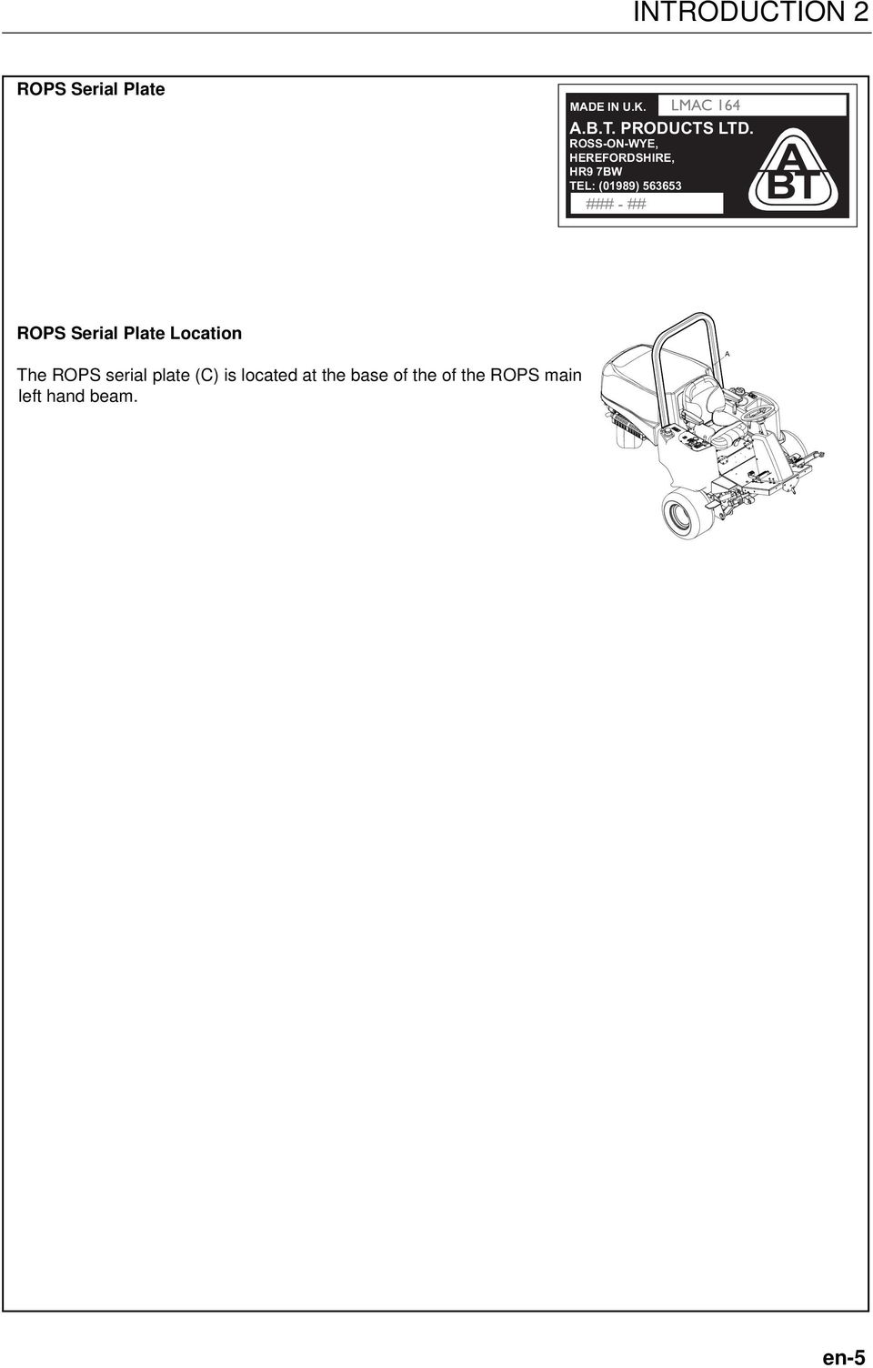 ROPS Serial Plate Location The ROPS serial plate (C) is located