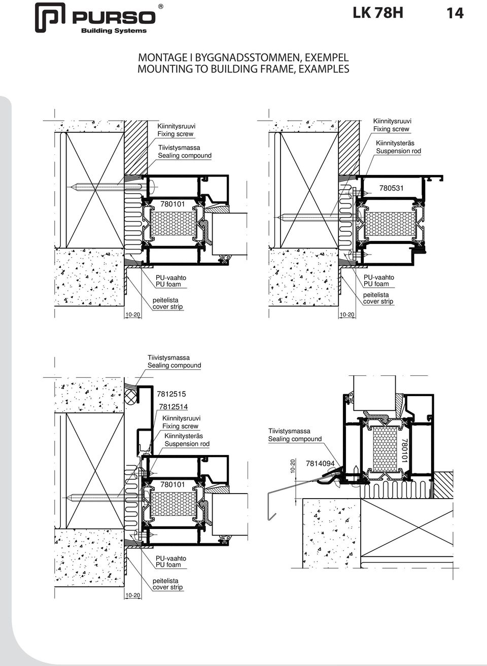 peitelista cover strip 10- peitelista cover strip Tiivistysmassa Sealing compound 7812515 7812514 Kiinnitysruuvi Fixing screw
