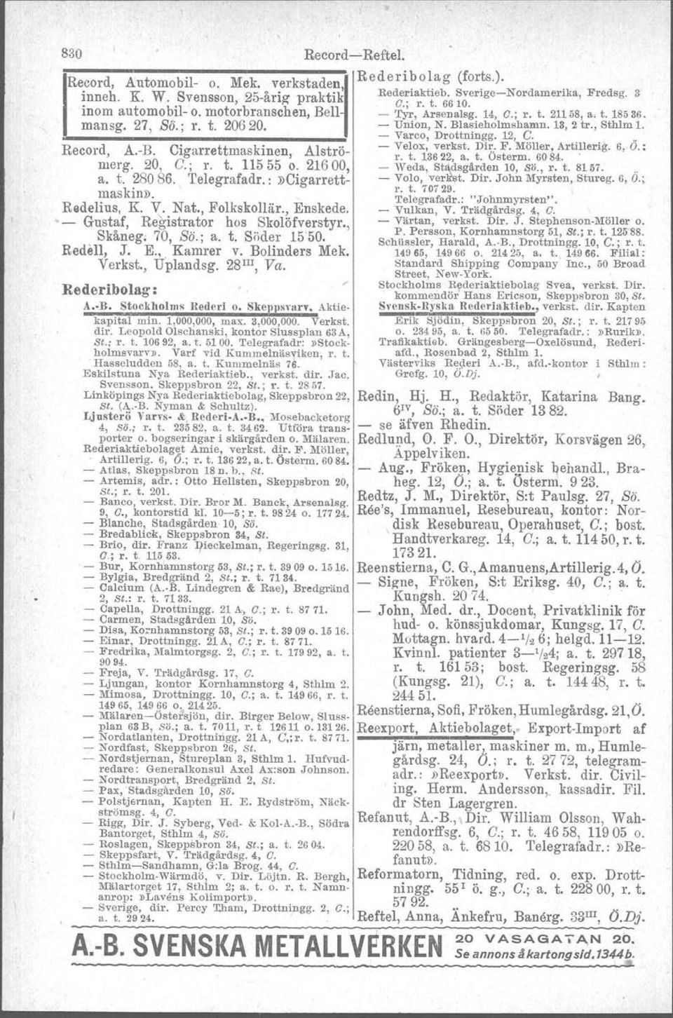 .. Record, A.-B. Cigarrettmaskinen Alströ- - Velox, verkst. Dir- F. Möller, Artillerig. 6,.O.: ' r. t. 13622, a. t. Osterm. 6084. merg. 2, O C.; r. t. 115 55 o. 21600, - Weda, Stlldsgården 10, SÖ., r.