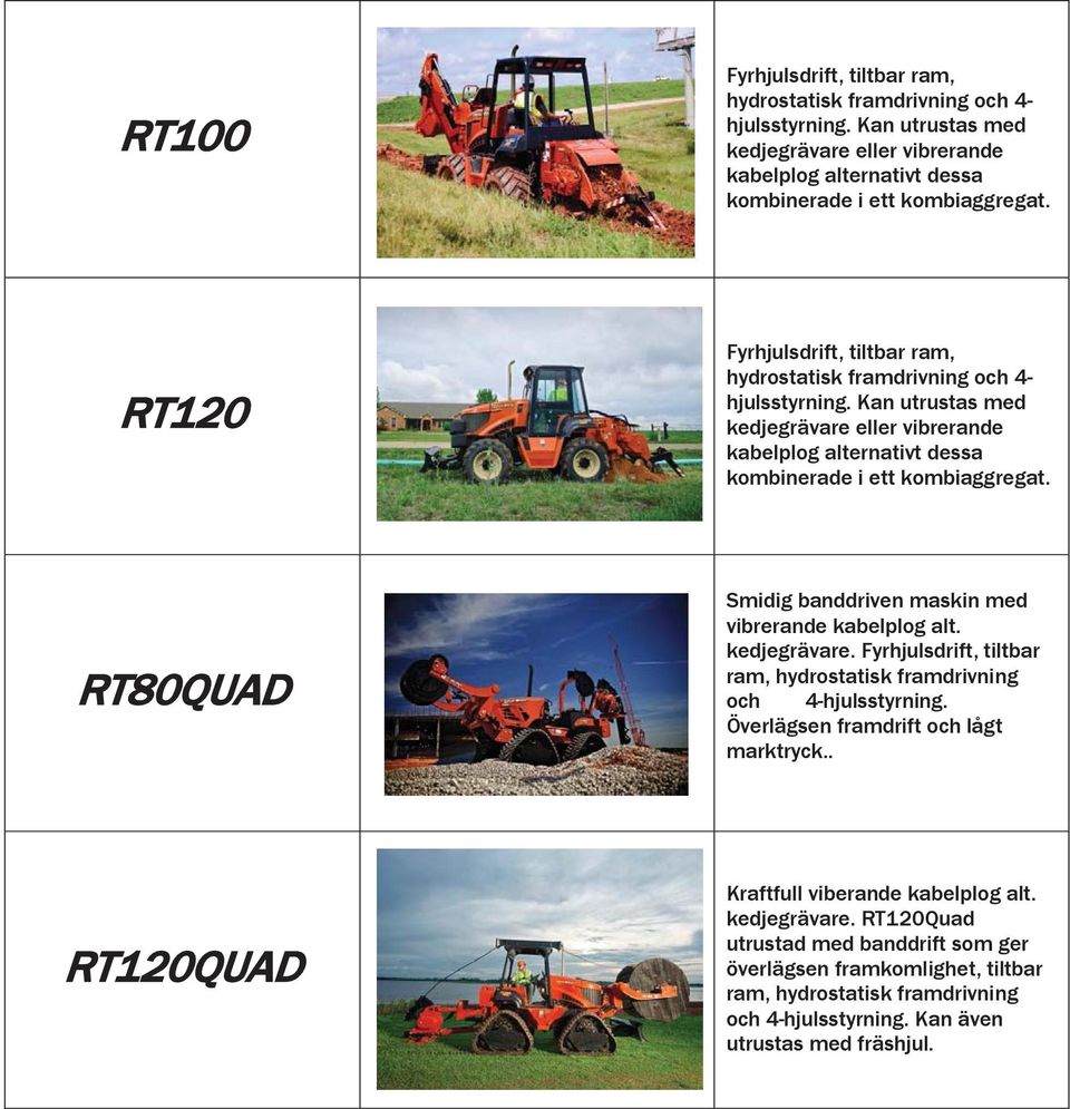 RT80QUAD Smidig banddriven maskin med vibrerande kabelplog alt. kedjegrävare. Fyrhjulsdrift, tiltbar ram, hydrostatisk framdrivning och 4-hjulsstyrning. Överlägsen framdrift och lågt marktryck.