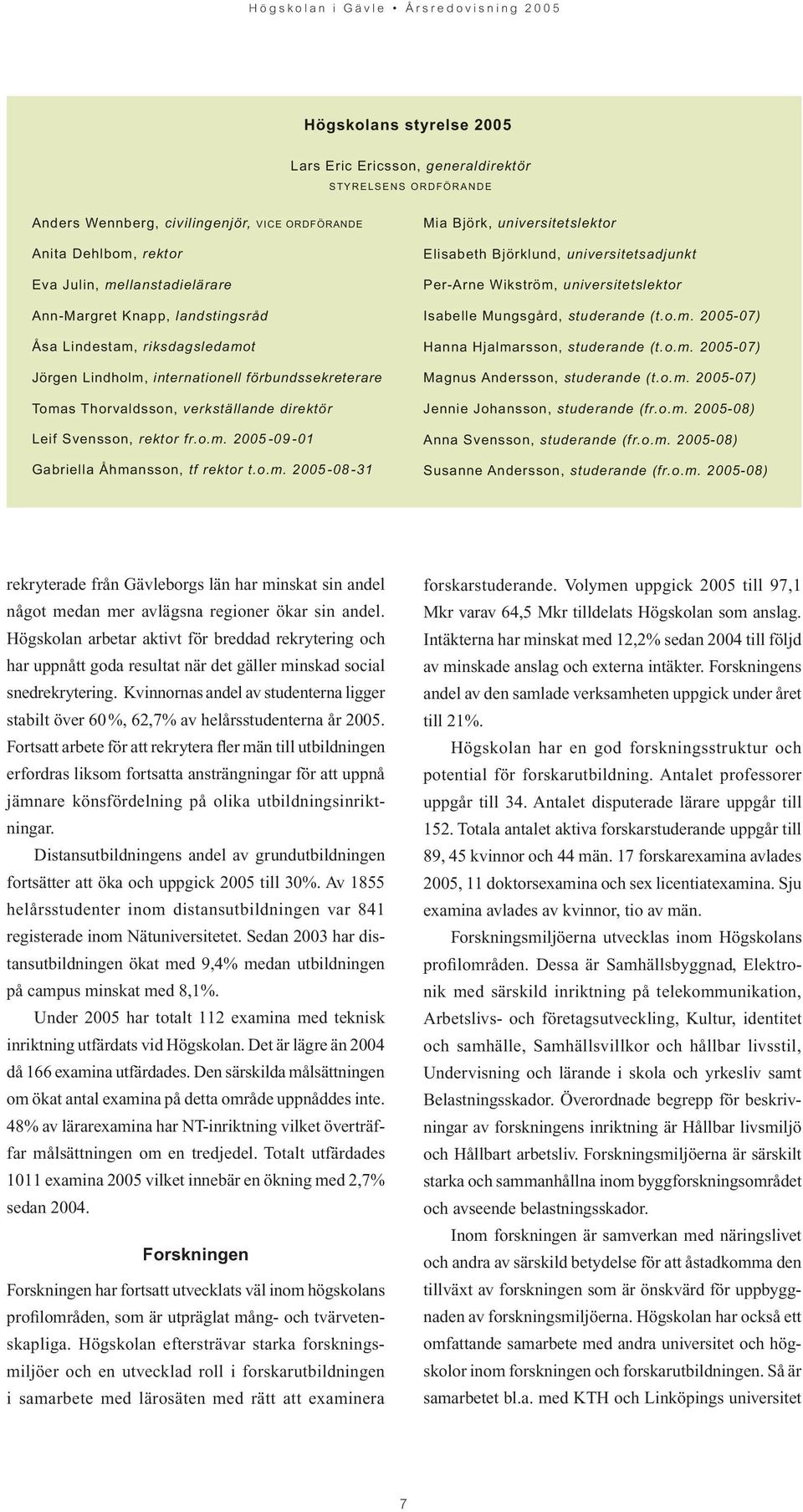 fr.o.m. 2005-09 -01 Gabriella Åhmansson, tf rektor t.o.m. 2005-08 -31 Mia Björk, universitetslektor Elisabeth Björklund, universitetsadjunkt Per-Arne Wikström, universitetslektor Isabelle Mungsgård, studerande (t.
