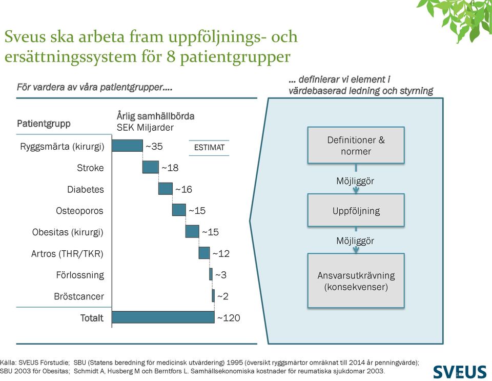 Totalt Årlig samhällbörda SEK Miljarder ~35 ~18 ~16 ESTIMAT ~15 ~15 ~12 ~3 ~2 ~120 Definitioner & normer Möjliggör Uppföljning Möjliggör Ansvarsutkrävning (konsekvenser) Källa:
