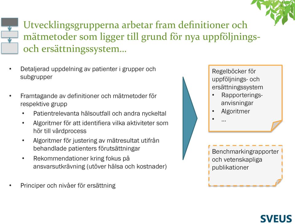 hör till vårdprocess Algoritmer för justering av mätresultat utifrån behandlade patienters förutsättningar Rekommendationer kring fokus på ansvarsutkrävning (utöver hälsa och