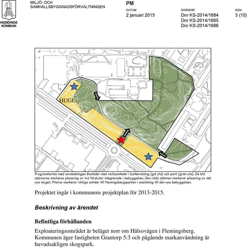 Den röda stjärnan markerar placering av det nya torget. Pilarna markerar viktiga entréer till Flemingsbergsparken i anslutning till den nya bebyggelsen.