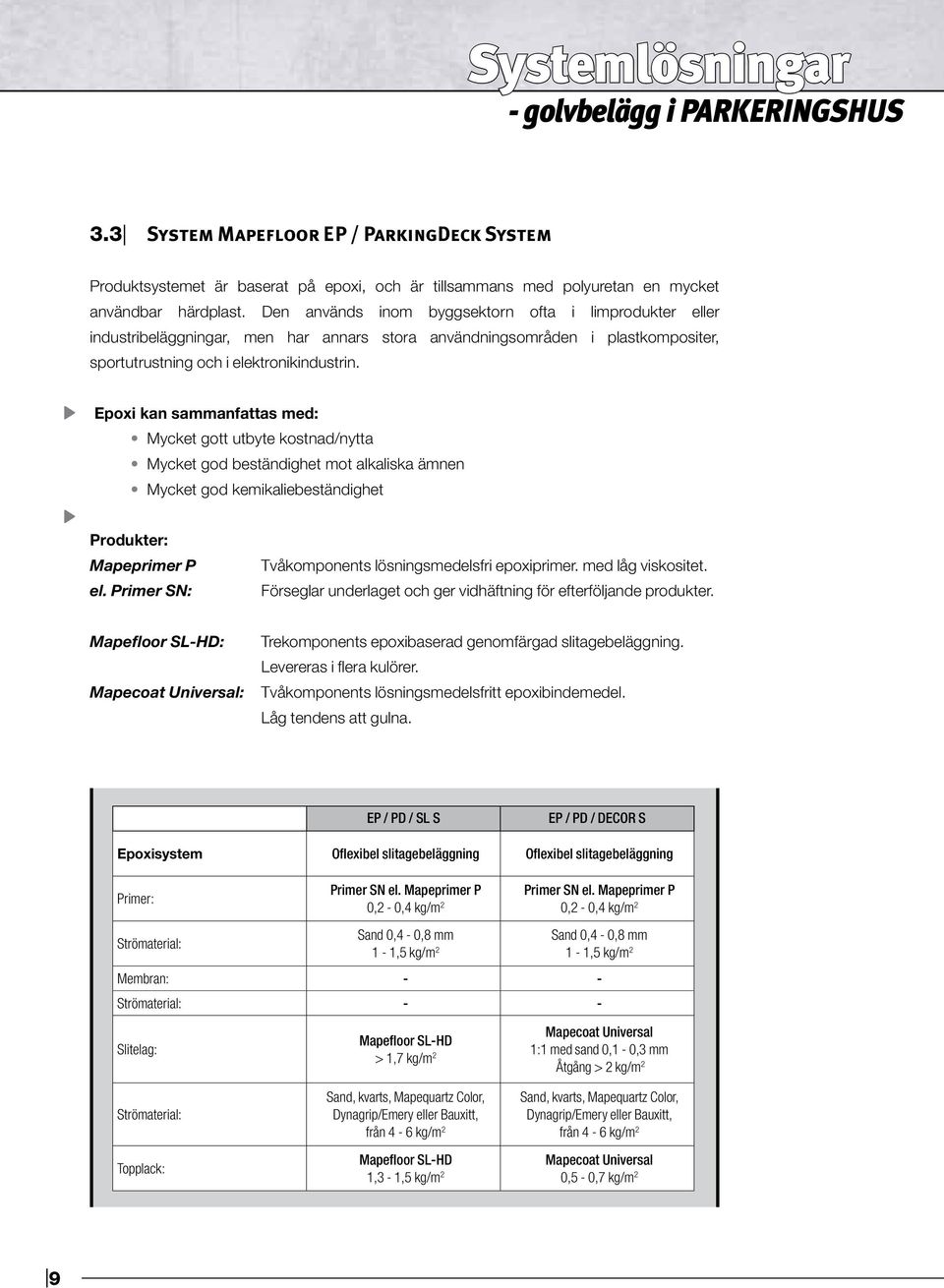 Epoxi kan sammanfattas med: Mycket gott utbyte kostnad/nytta Mycket god beständighet mot alkaliska ämnen Mycket god kemikaliebeständighet Produkter: Mapeprimer P el.