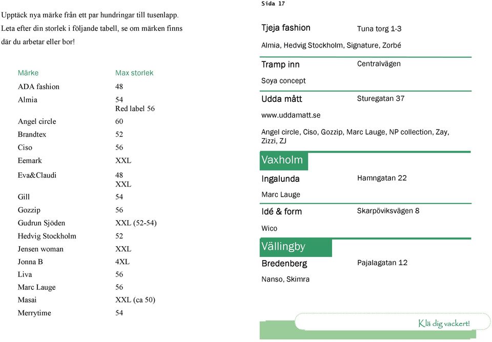 Jonna B 4XL Liva 56 Marc Lauge 56 Masai (ca 50) Merrytime 54 Sida 17 Tjeja fashion Tuna torg 1-3 Almia, Hedvig Stockholm, Signature, Zorbé Tramp inn Centralvägen Udda mått Sturegatan