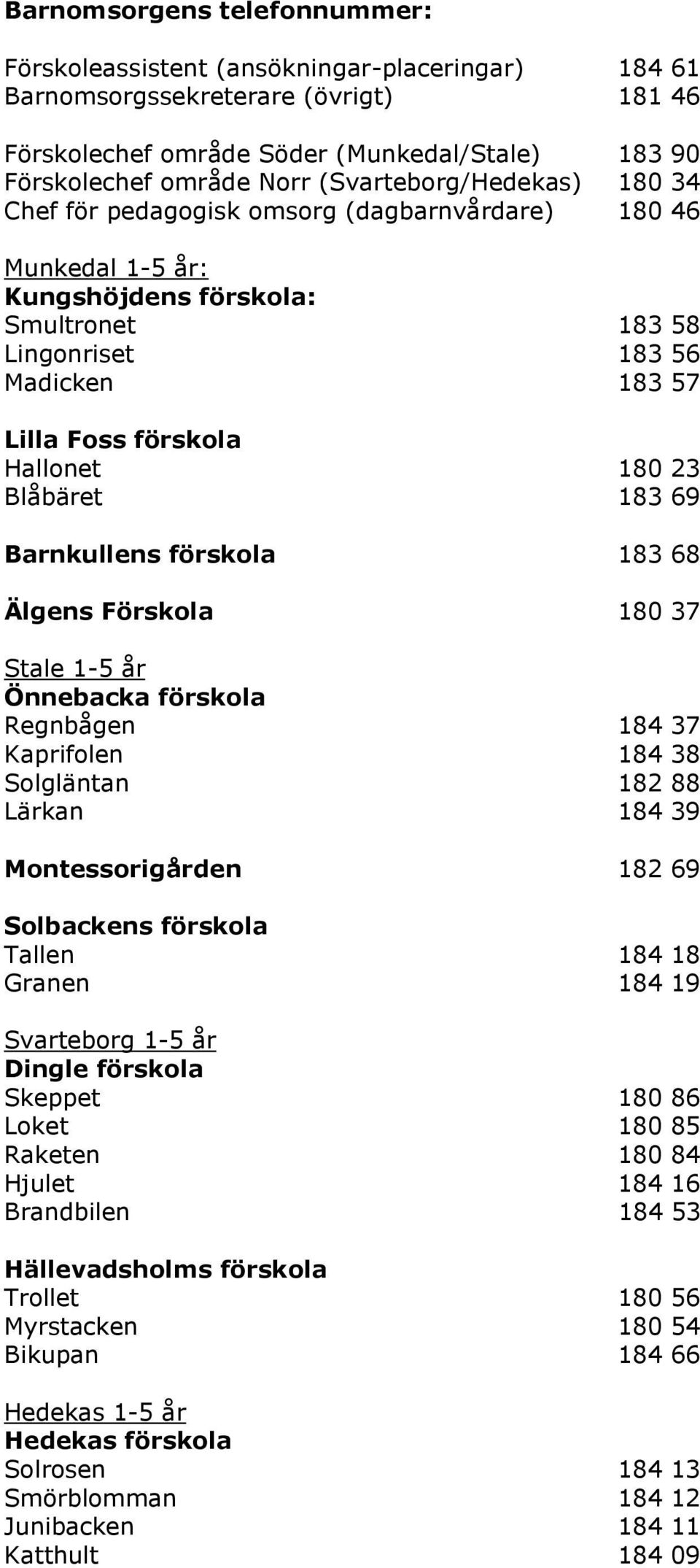Hallonet 180 23 Blåbäret 183 69 Barnkullens förskola 183 68 Älgens Förskola 180 37 Stale 1-5 år Önnebacka förskola Regnbågen 184 37 Kaprifolen 184 38 Solgläntan 182 88 Lärkan 184 39 Montessorigården