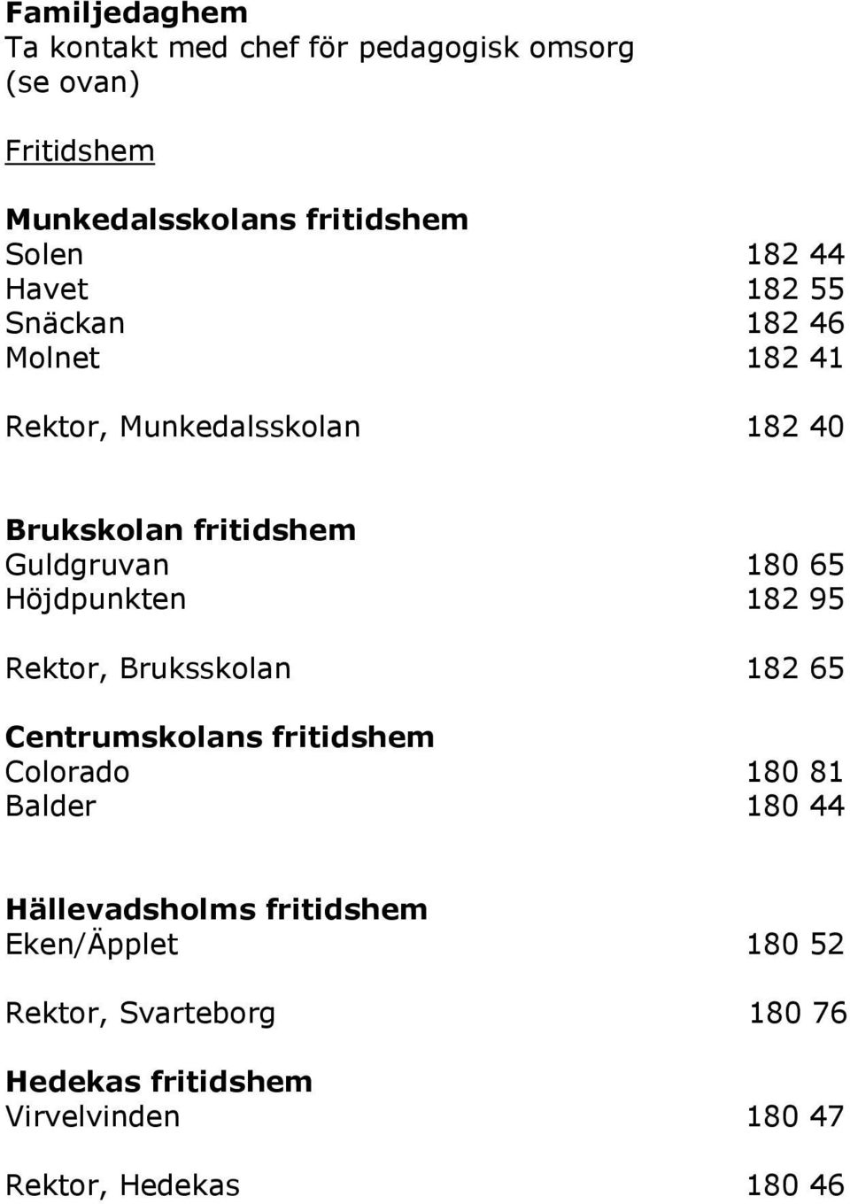 Höjdpunkten 182 95 Rektor, Bruksskolan 182 65 Centrumskolans fritidshem Colorado 180 81 Balder 180 44 Hällevadsholms