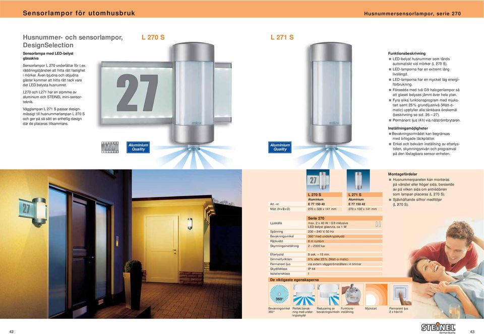 Funktionsbeskrivning LED-belyst husnummer som tänds automatiskt vid mörker (L 270 S). LED-lamporna har en extremt lång livslängd. LED-lamporna har en mycket låg energiförbrukning.