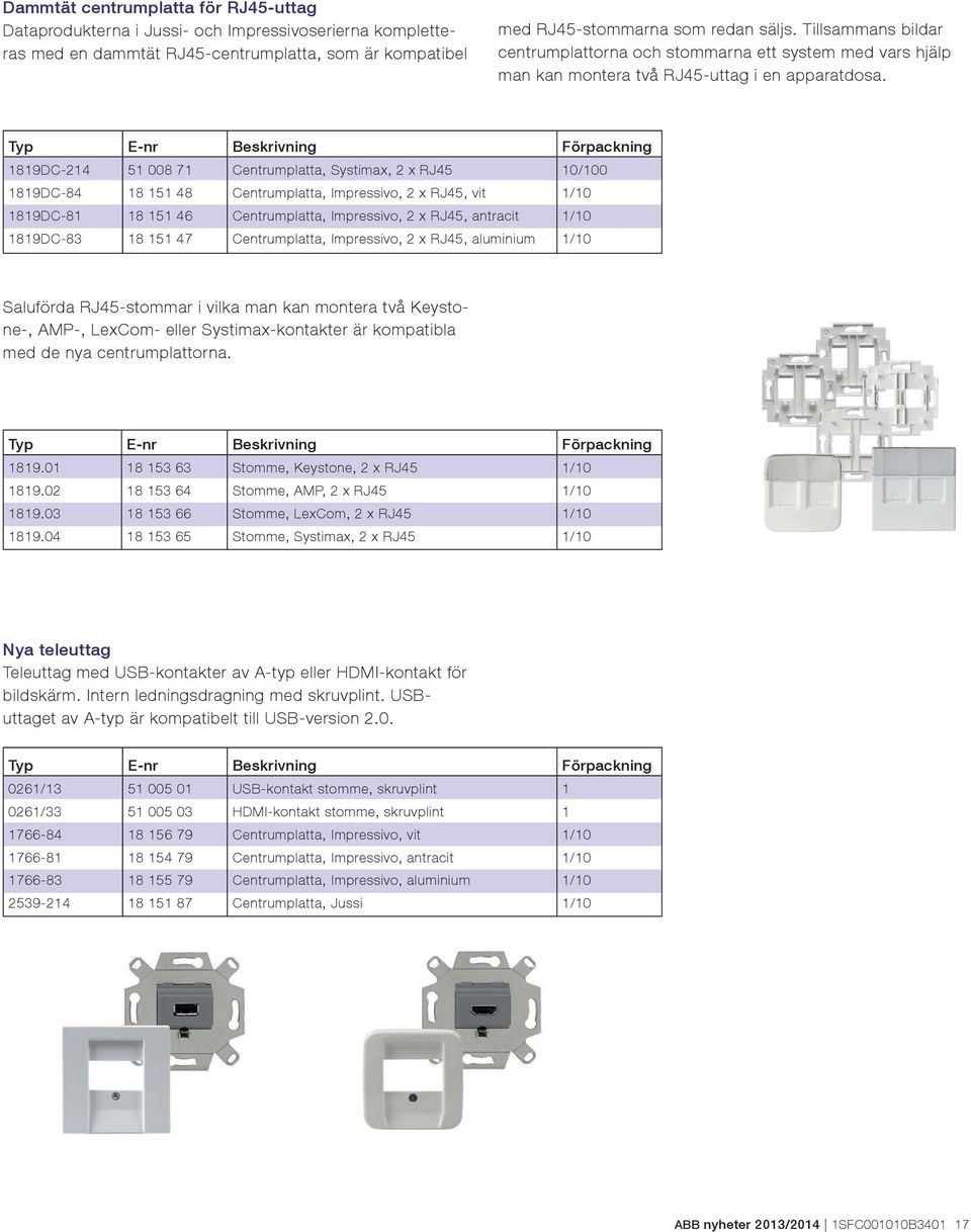 Typ E-nr Beskrivning Förpackning 1819DC-214 51 008 71 Centrumplatta, Systimax, 2 x RJ45 10/100 1819DC-84 18 151 48 Centrumplatta, Impressivo, 2 x RJ45, vit 1/10 1819DC-81 18 151 46 Centrumplatta,