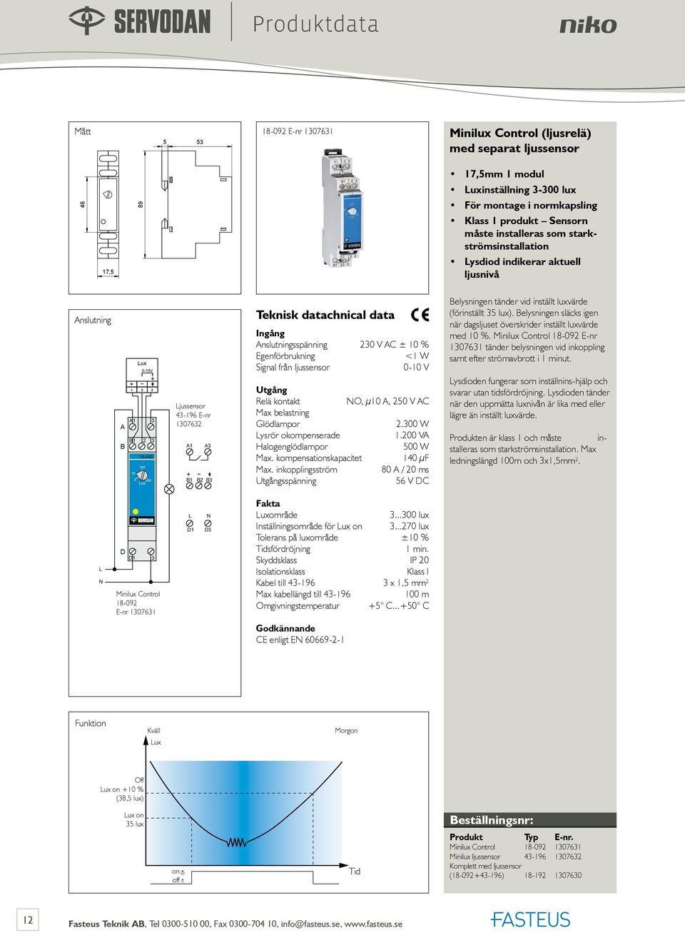 Egenförbrukning <1 W Signal från ljussensor 0-10 V Relä kontakt O, μ10 A, 250 V AC Max belastning Glödlampor 2.300 W ysrör okompenserade 1.200 VA Halogenglödlampor 500 W Max.