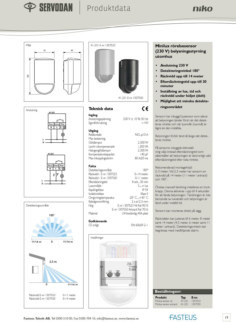 300 W Kompensationkapacitet 140 μf Max inkopplingsström 80 A/20 ms 230 V Detekteringsvinkel 180 Räckvidd upp till 14 meter Eftersläckningstid upp till 30 minuter Inställning av lux, tid och räckvidd