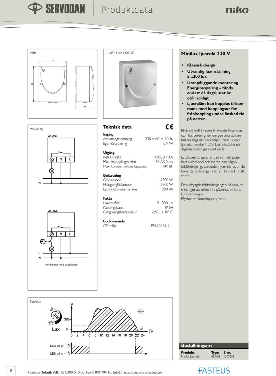 41-054 sspänning 230 V AC ± 10 % Egenförbrukning 0,9 W Relä kontakt Max. inkopplingsström Max.