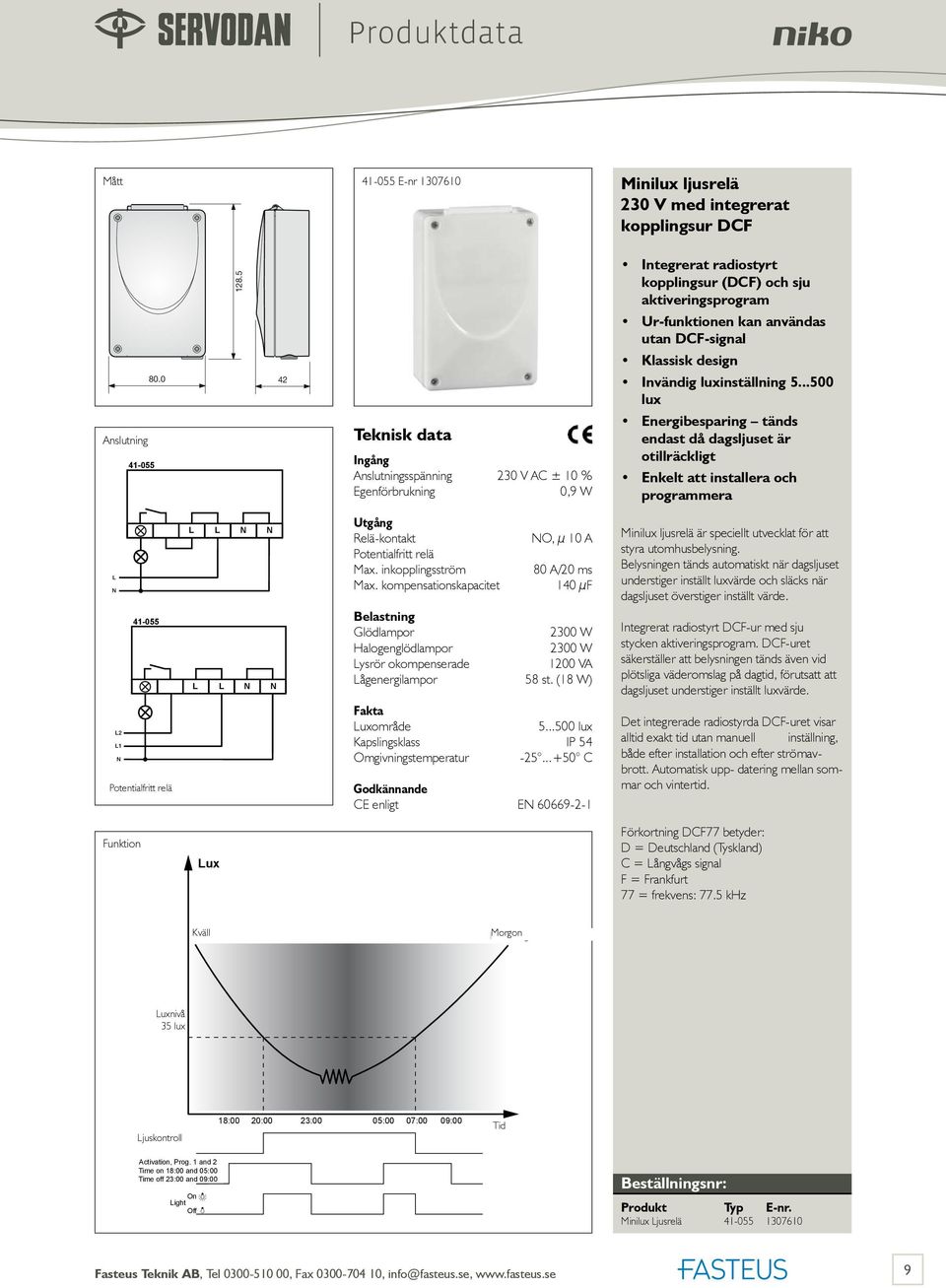 luxinställning 5...500 lux Energibesparing tänds endast då dagsljuset är otillräckligt Enkelt att installera och programmera 41-055 2 1 Potentialfritt relä Relä-kontakt Potentialfritt relä Max.