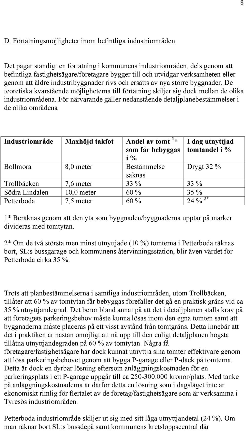 De teoretiska kvarstående möjligheterna till förtätning skiljer sig dock mellan de olika industriområdena.