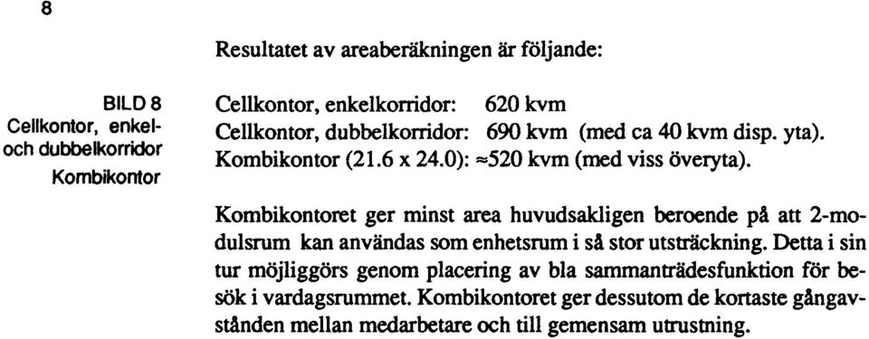 Kombikontoret ger minst area huvudsakligen beroende på att 2-modulsrum kan användas som enhetsrum i så stor utsträckning.