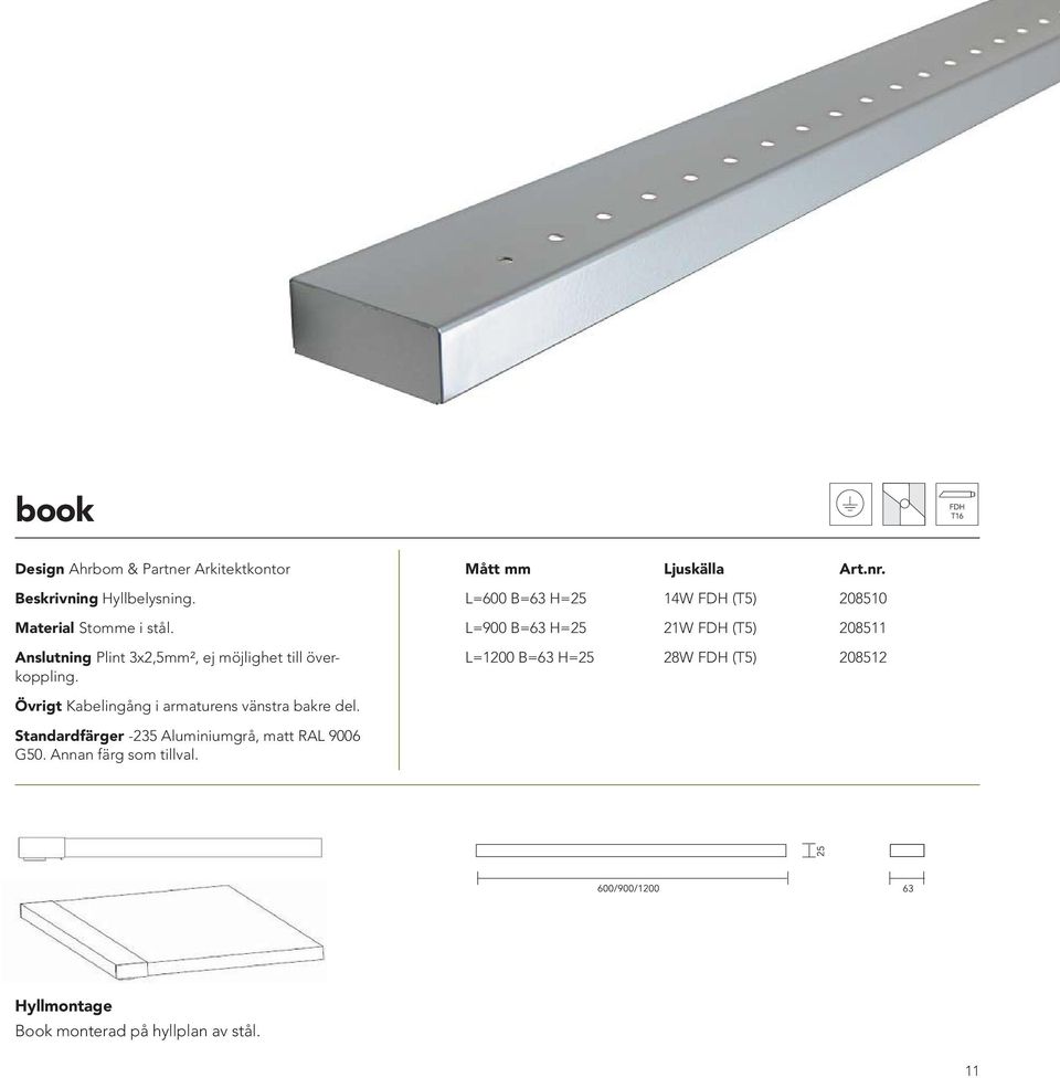 Standardfärger -235 Aluminiumgrå, matt RAL 9006 G50. Annan färg som tillval. Mått mm Ljuskälla Art.nr.