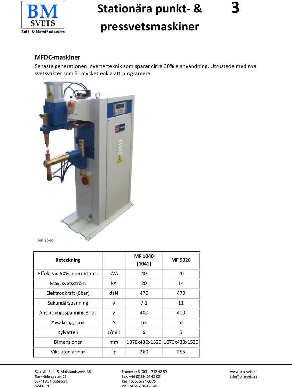 Beteckning MF 1040 (1041) MF 5020 Effekt vid 50% intermittens kva 40 20 Max.