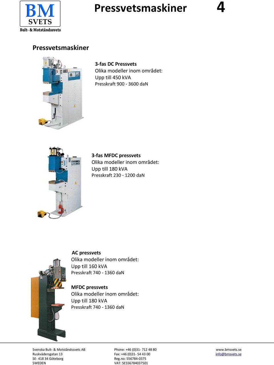 kva Presskraft 230-1200 dan AC pressvets Olika modeller inom området: Upp till 160 kva