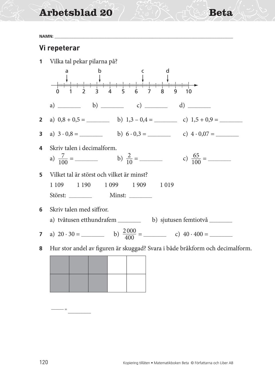 a) 0 b) c) 0 Vilket tal är störst och vilket är minst? 9 90 099 909 09 Störst: Minst: Skriv talen med siffror.