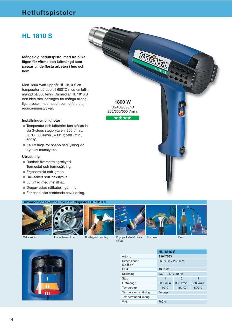 Därmed är HL 1810 S den idealiska lösningen för många alldagliga arbeten med hetluft som utförs utan reducermunstycken. 1800 W 50/400/600 C 200/300/500 l/min.