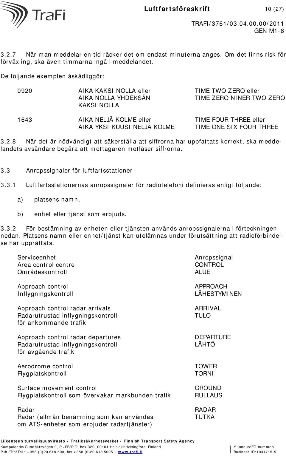 KUUSI NELJÄ KOLME TIME ONE SIX FOUR THREE 3.2.8 När det är nödvändigt att säkerställa att siffrorna har uppfattats korrekt, ska meddelandets avsändare begära att mottagaren motläser siffrorna. 3.3 Anropssignaler för luftfartsstationer 3.