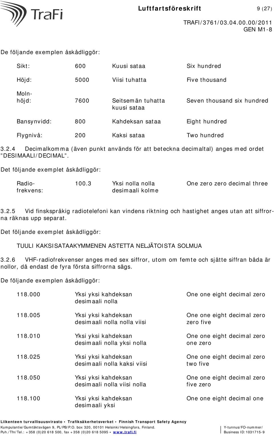 Det följande exemplet åskådliggör: Radio- 100.3 Yksi nolla nolla One zero zero decimal three frekvens: desimaali kolme 3.2.