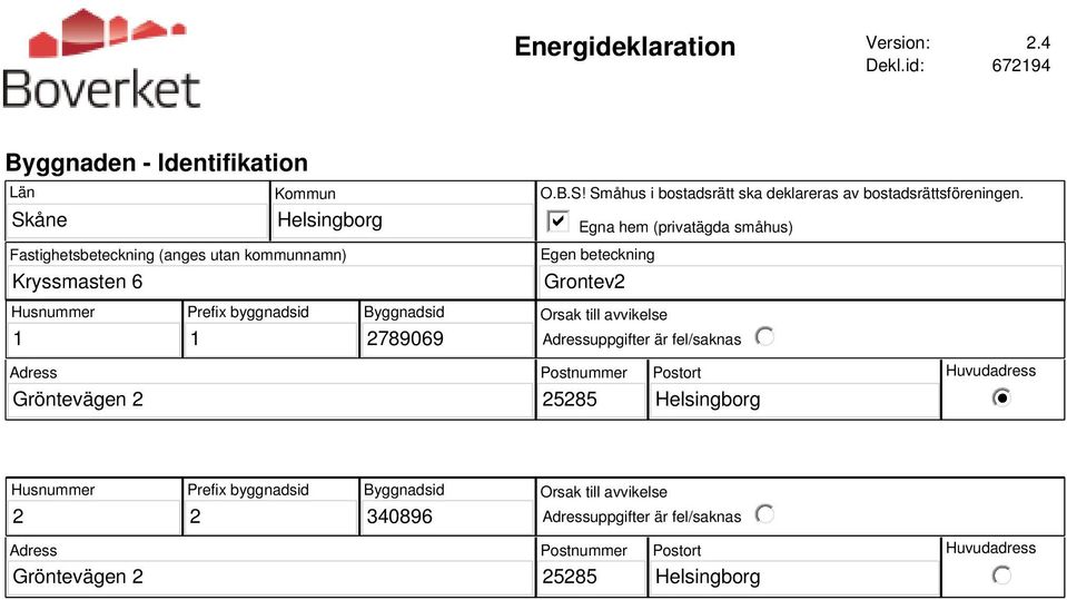 Egna hem (privatägda småhus) Egen beteckning Grontev2 Husnummer 1 Prefix byggnadsid 1 Byggnadsid 2789069 Orsak till avvikelse Adressuppgifter är