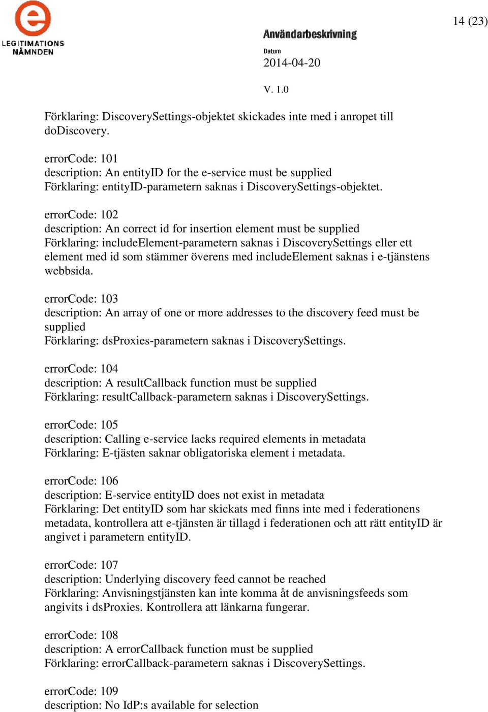 errorcode: 102 description: An correct id for insertion element must be supplied Förklaring: includeelement-parametern saknas i DiscoverySettings eller ett element med id som stämmer överens med